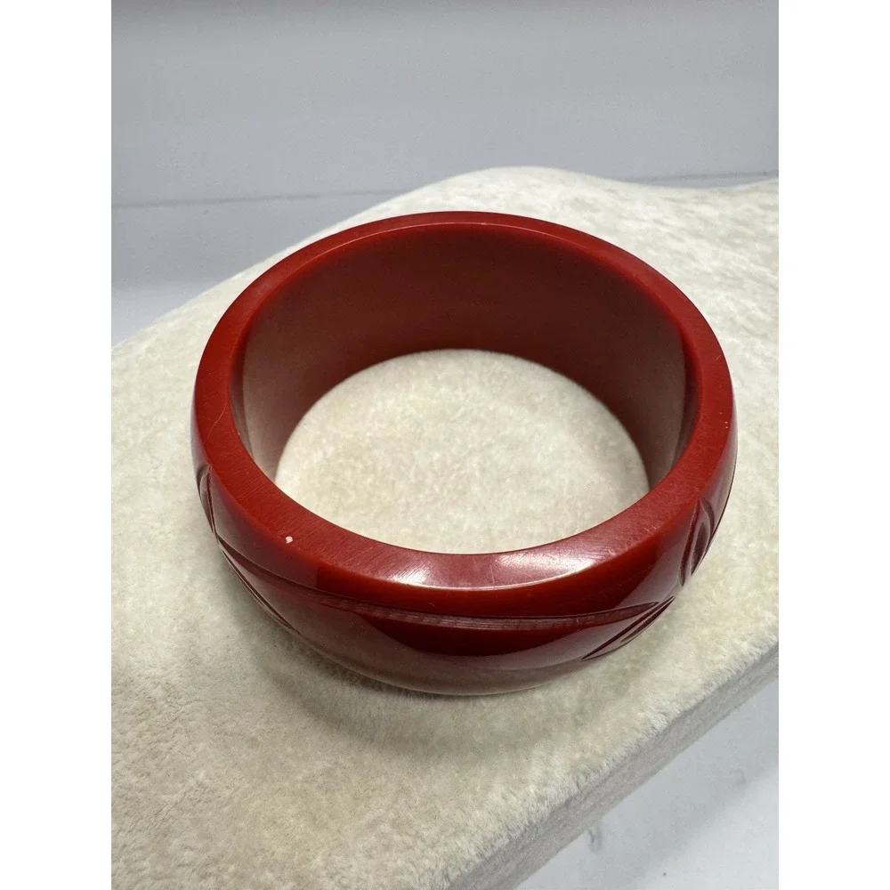 Vintage Carved Red Floral Bangle Bracelet Chunky Wide Domed Statement Jewelry